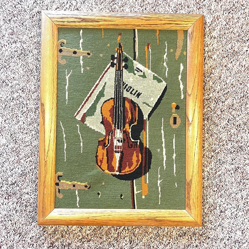 Vintage Needlepoint Art Framed Violin Music Note Green‎ Brown Decor 18x24
